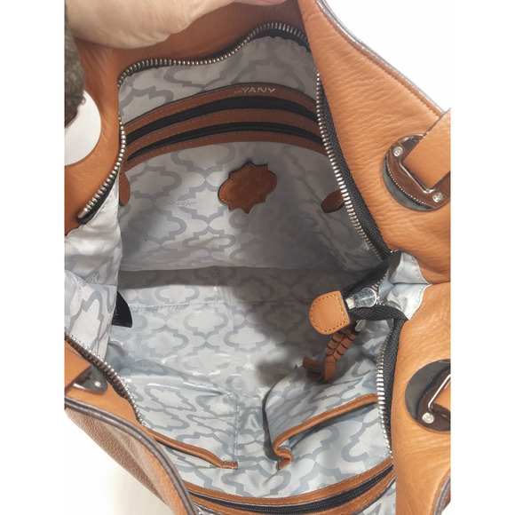 Cognac Pebbled Leather Purse Colorblock Crossbody Bag Silver Accents Handles - Picture 8 of 12